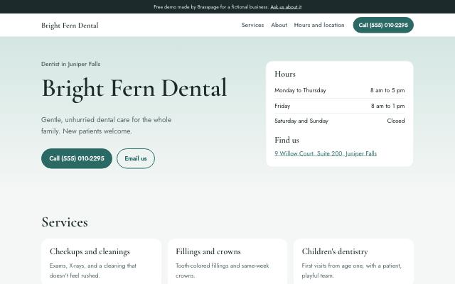 Demo homepage for Bright Fern Dental: calm teal style, services, hours