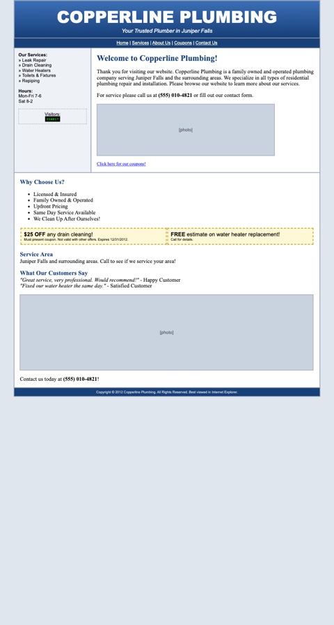 Before: an old desktop-only plumber site, shrunk so small on a phone that the text cannot be read