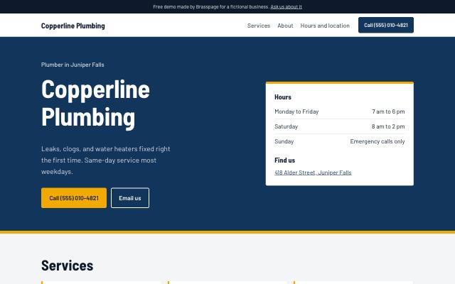 Demo homepage for Copperline Plumbing: navy header, call button, hours card
