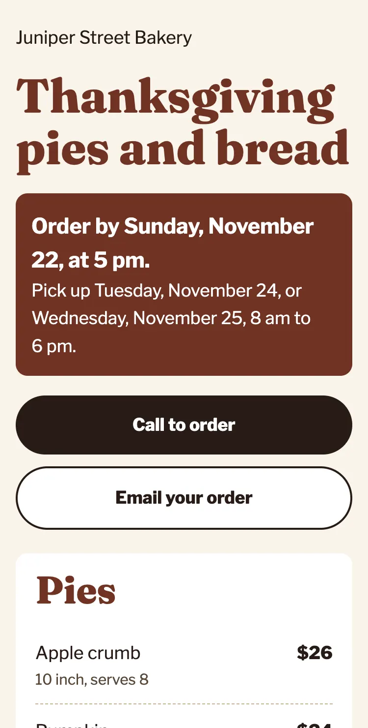 The sample page on a phone: Thanksgiving pies and bread, order by Sunday, November 22, a Call to order button, and the pie prices