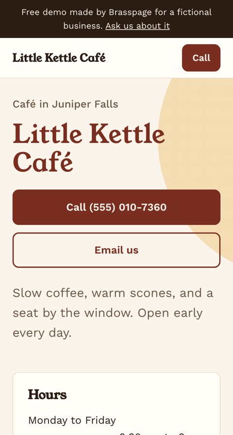 After: Little Kettle Café demo with the café name, a large Call button, and opening hours