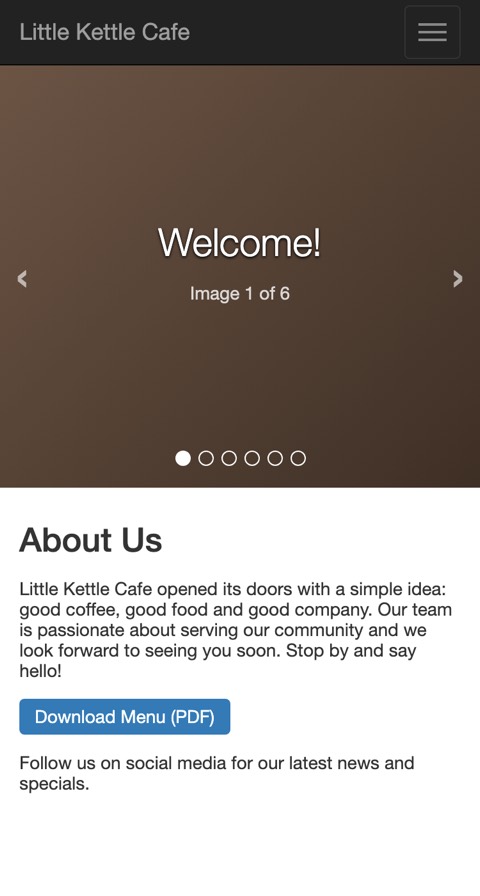 Before: a café site with a large photo slider, an About Us paragraph, and a menu only as a PDF