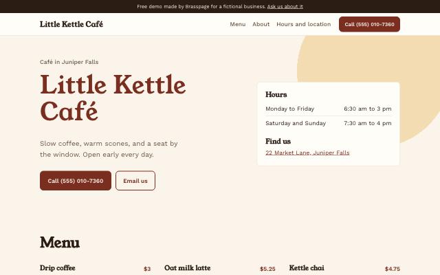 Demo homepage for Little Kettle Café: warm serif heading, hours card, menu