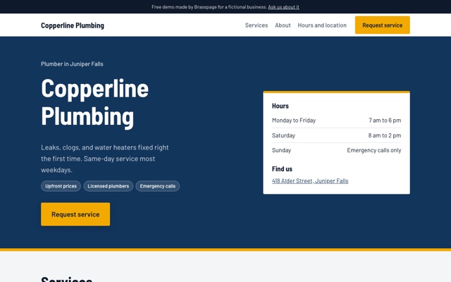 Example plumbing website for Copperline Plumbing, a made-up business: navy header, a large Request service button, and an hours card