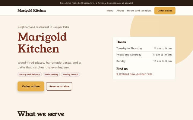 Example restaurant website for Marigold Kitchen, a made-up business: warm cream style, a large Order online button, a Reserve a table button, and an hours card