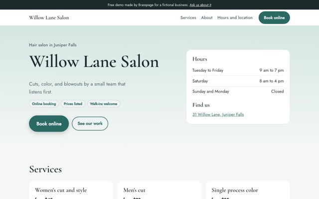 Example salon website for Willow Lane Salon, a made-up business: calm sage style, a large Book online button, and an hours card