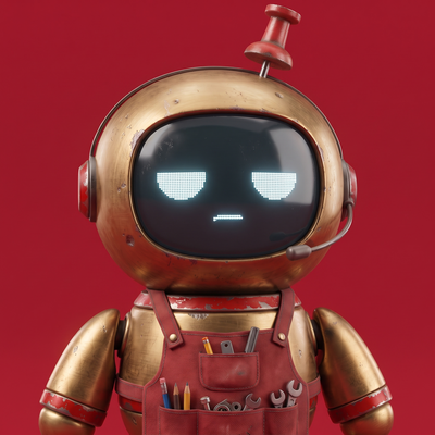 Tack, a small brass robot with screen eyes, a red thumbtack antenna and a work apron full of tools, on a red background