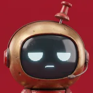 Tack, a small brass robot with screen eyes and a thumbtack antenna