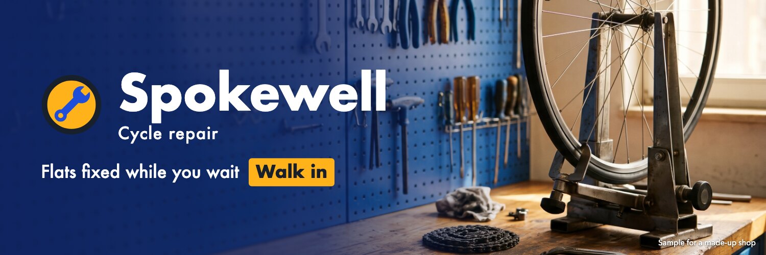 Spokewell banner: the logo and the line Flats fixed while you wait, over a photo of a repair bench with a wheel in a truing stand