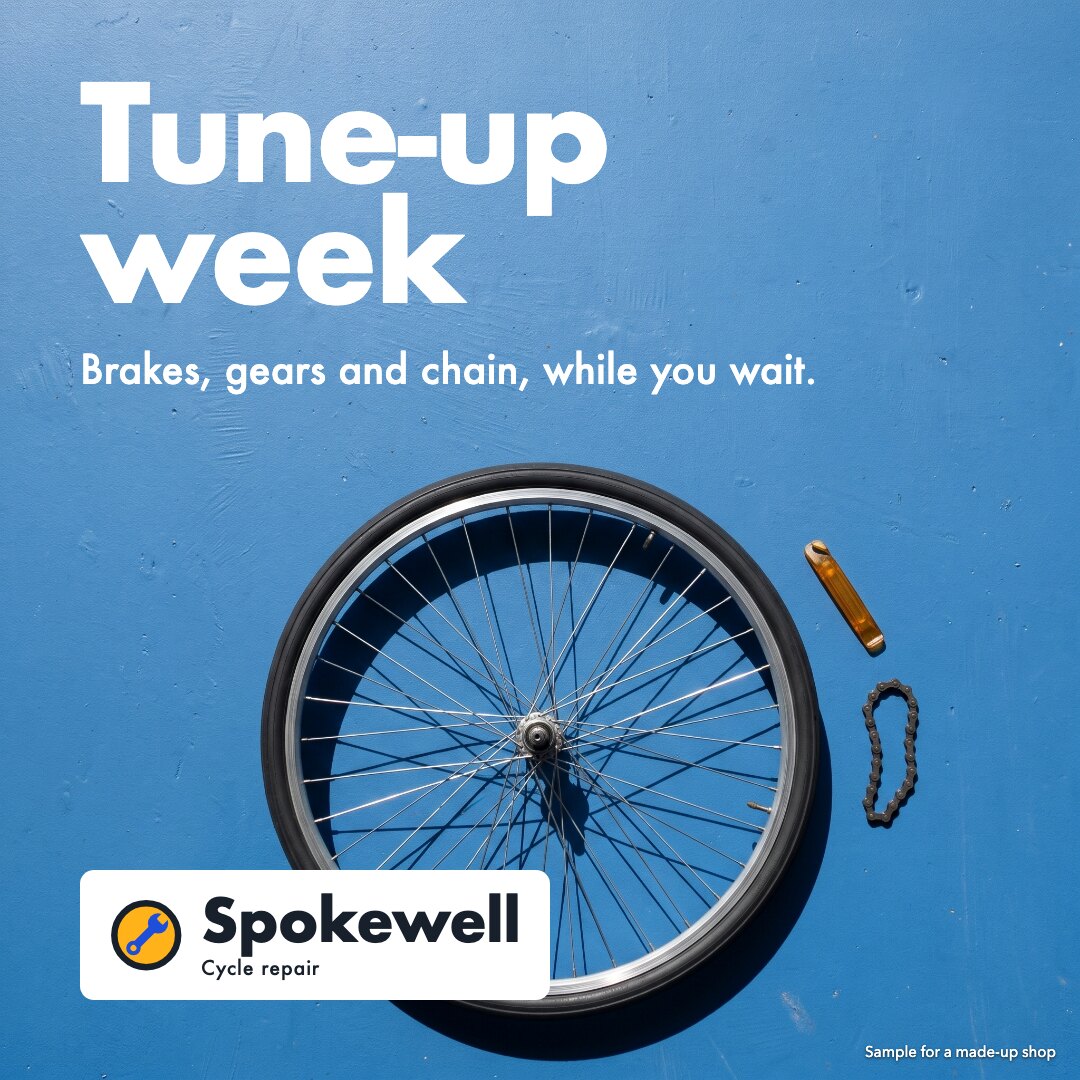 Spokewell social post: Tune-up week, brakes, gears and chain, while you wait, over a bike wheel on a blue floor
